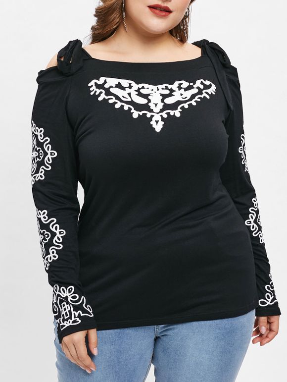 T-shirt Tribal Imprimé à Epaule Dénudée de Grande Taille - Noir 4X