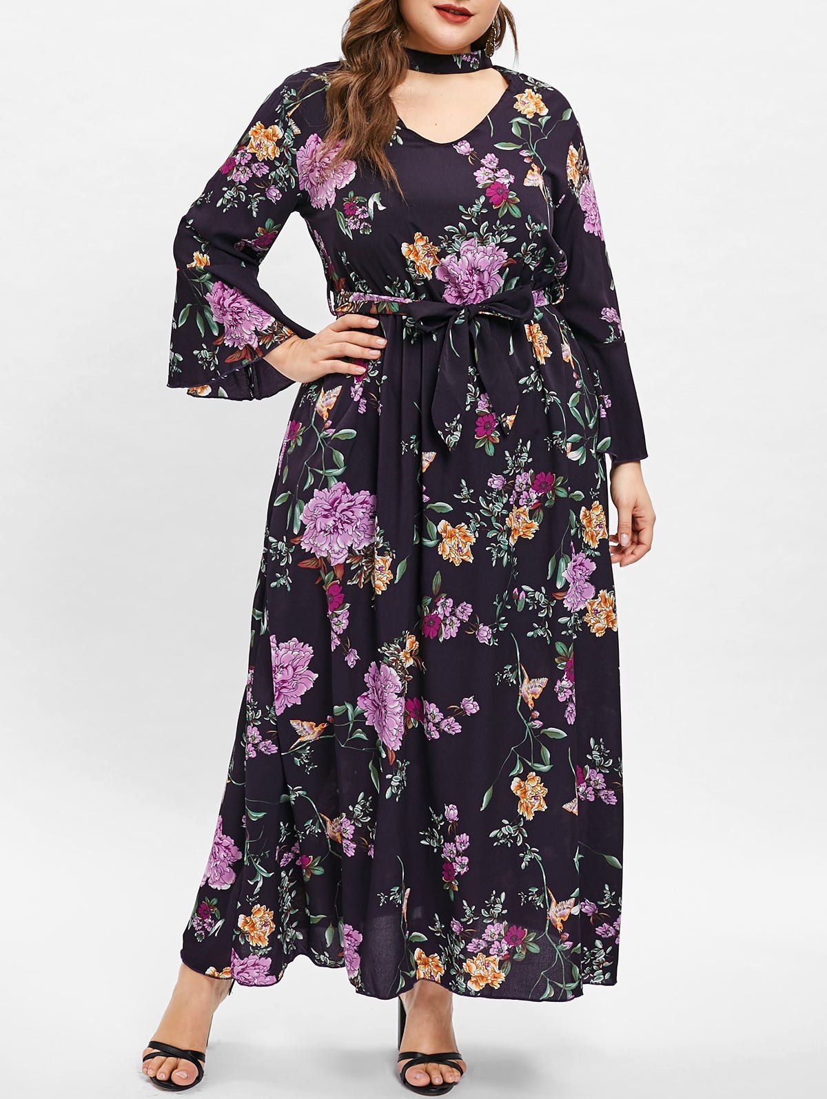 

Cut Out Floral Print Plus Size Maxi Dress, Black