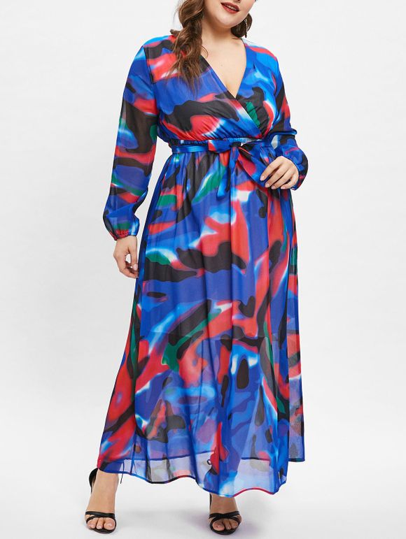 Robe Enveloppée Imprimée à Manches Longues de Grande Taille - multicolor 2X
