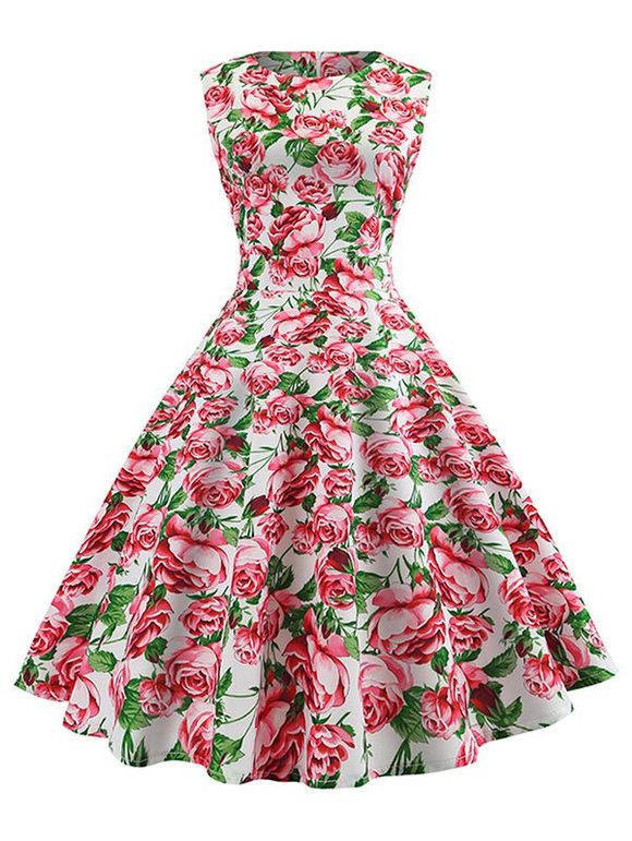 Sleeveless Floral Print Vintage Dress - multicolor M