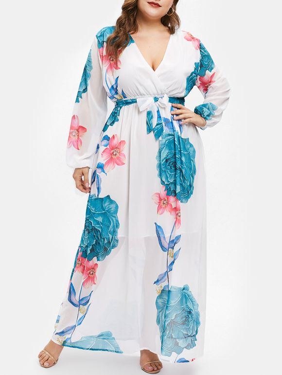 Robe Enveloppée Fleurie Imprimé à Taille Haute de Grande Taille - multicolor L