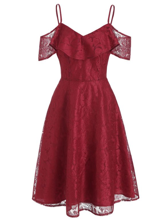 Floral Mesh High Waist A Line Dress - RED WINE M