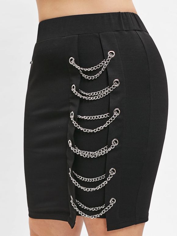 Jupe Taille Haute de Grande Taille avec Chaîne - Noir 5X