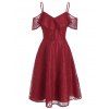 Floral Mesh High Waist A Line Dress - RED WINE M