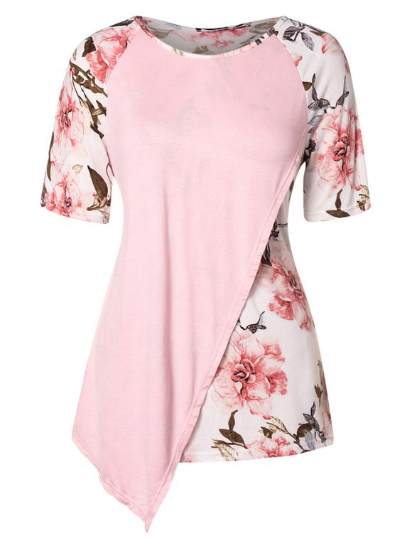 T-shirt Fleuri Imprimé de Grande Taille à Manches Raglan - Rose clair 2X