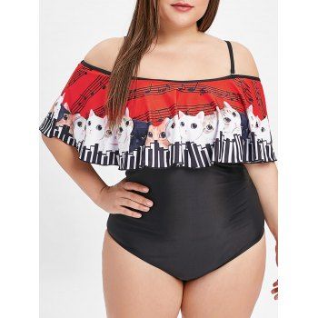 

Cold Shoulder Cat Pattern Plus Size Swimwear, Black