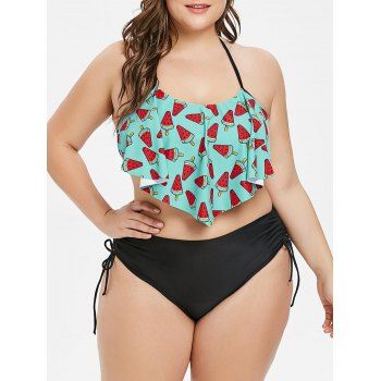 

Plus Size Halter Flounce Backless Cinched Bikini Set, Multicolor