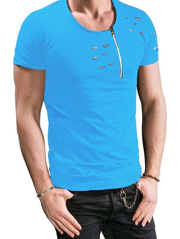 T-shirt Court Zippé Déchiré - Ciel Bleu Foncé XL