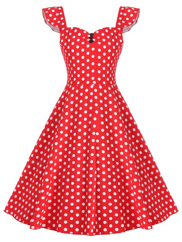 Vintage Button Polka Dot Print Dress - RED S