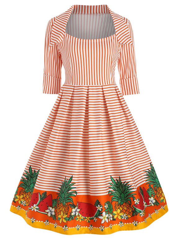 Cuffed Sleeves Striped Fruit Vintage Dress - ORANGE 2XL