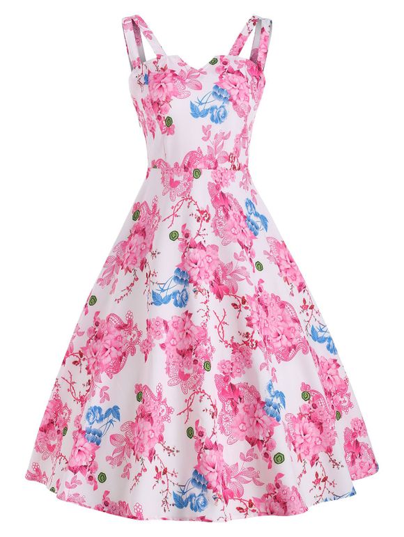 Vintage Floral Print A-line Dress - Rose S