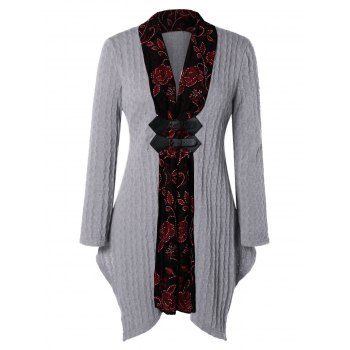 

Plus Size Floral Print Asymmetrical Cardigan, Ash gray