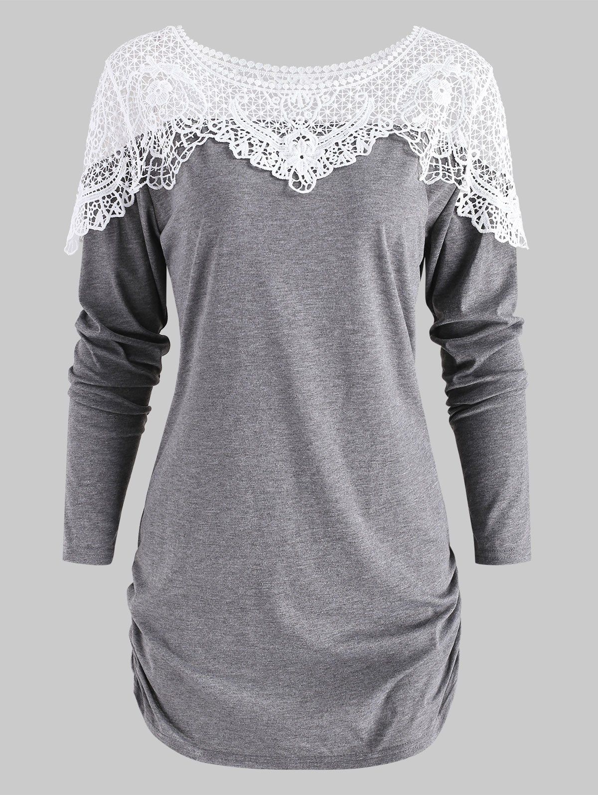 

Sheer Lace Insert Curved T Shirt, Gray cloud
