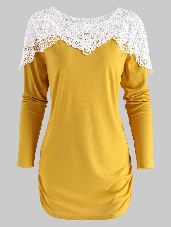 T-shirt Courbe en Dentelle Insérée Transparente - Jaune d'Abeille S