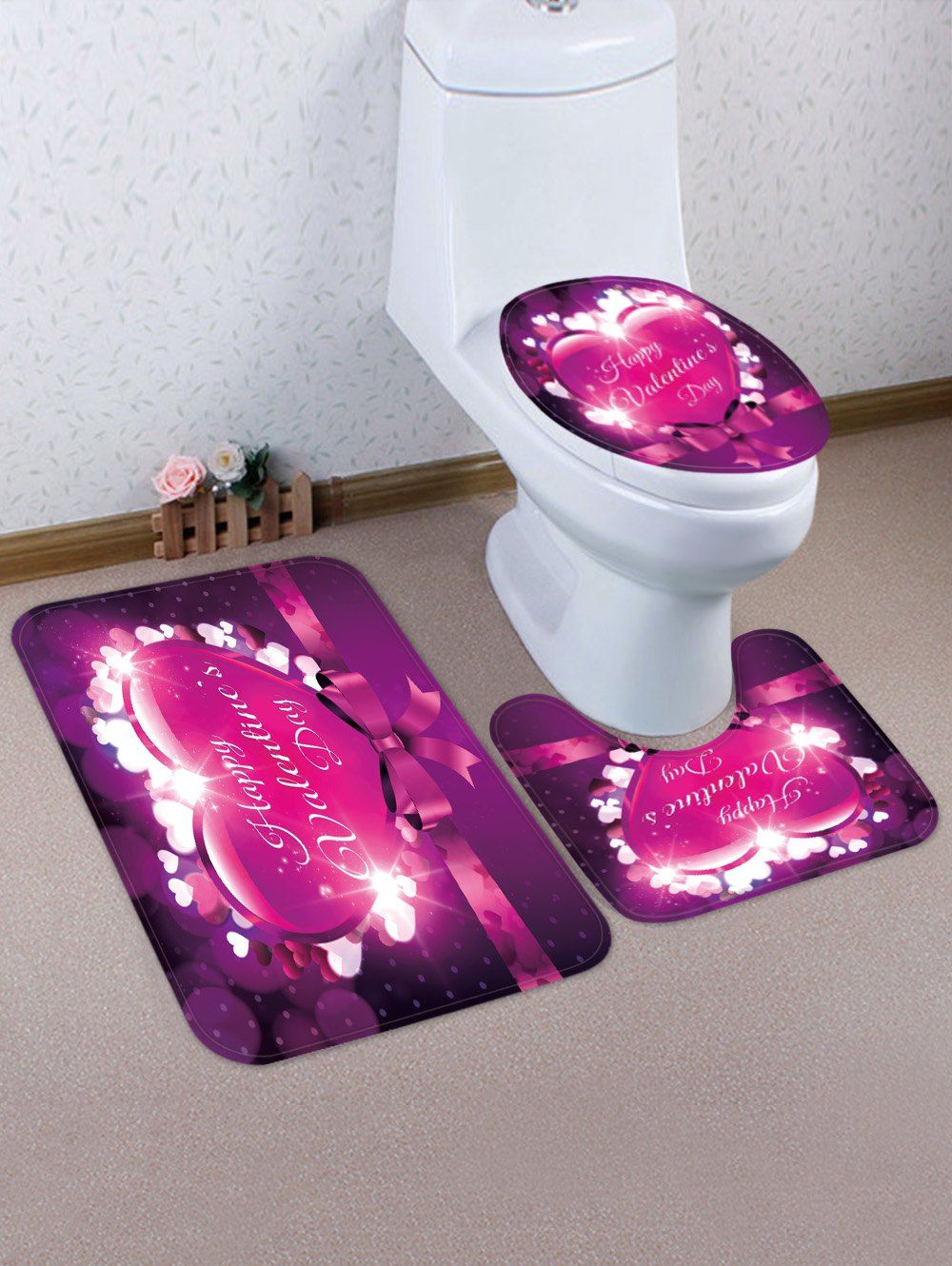 

Happy Valentine Day Heart 3 Pcs Bathroom Toilet Mat, Multi