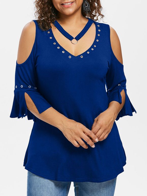 T-shirt Epaule Dénudée de Grande Taille à Col V - Bleu Cobalt 2X