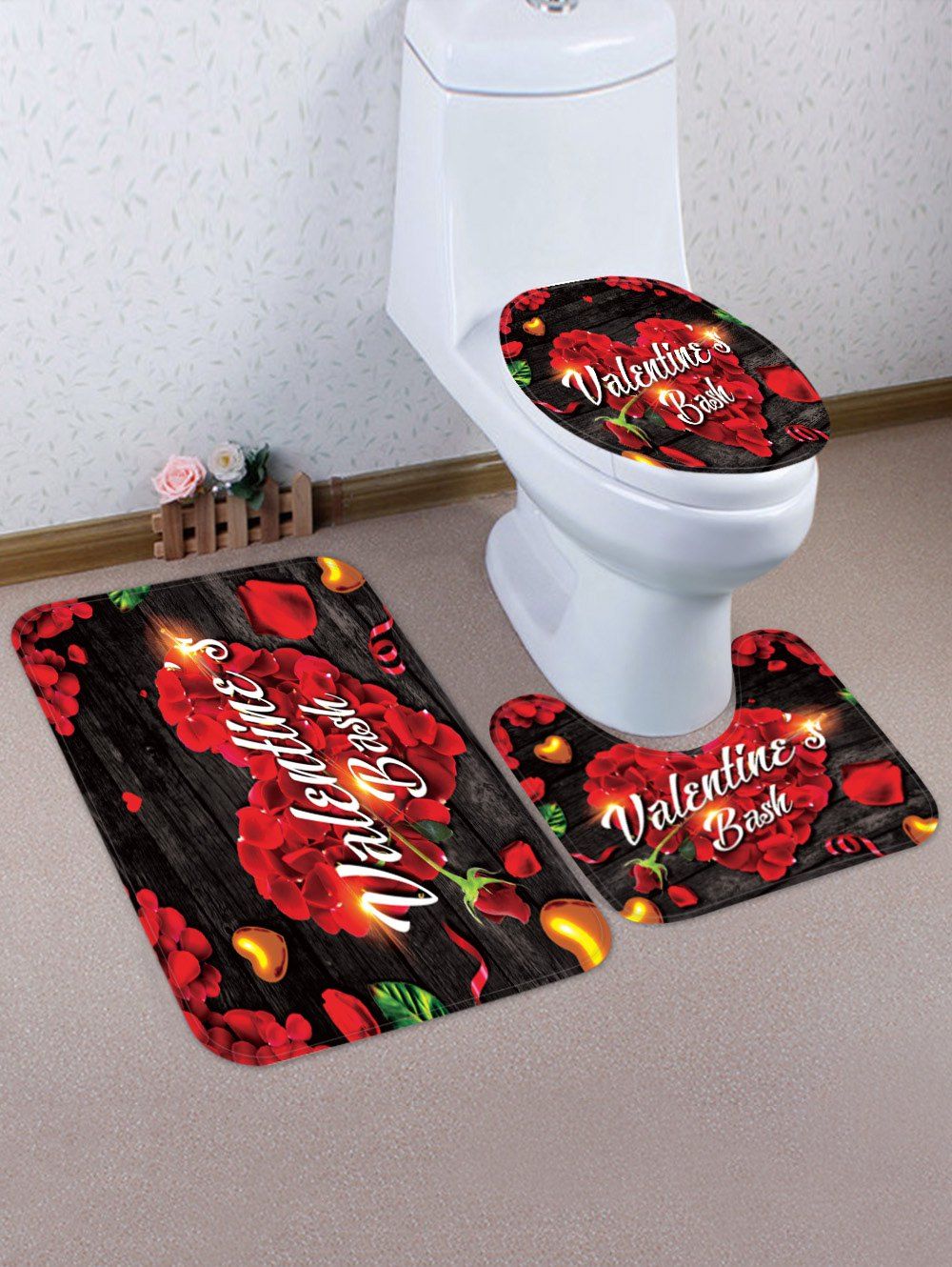 

Valentine Rose Flower 3 Pcs Bathroom Toilet Mat, Multi