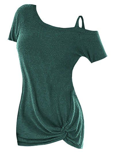 T-shirt Tordu en Avant de Grande Taille à Col Oblique - Vert 2X