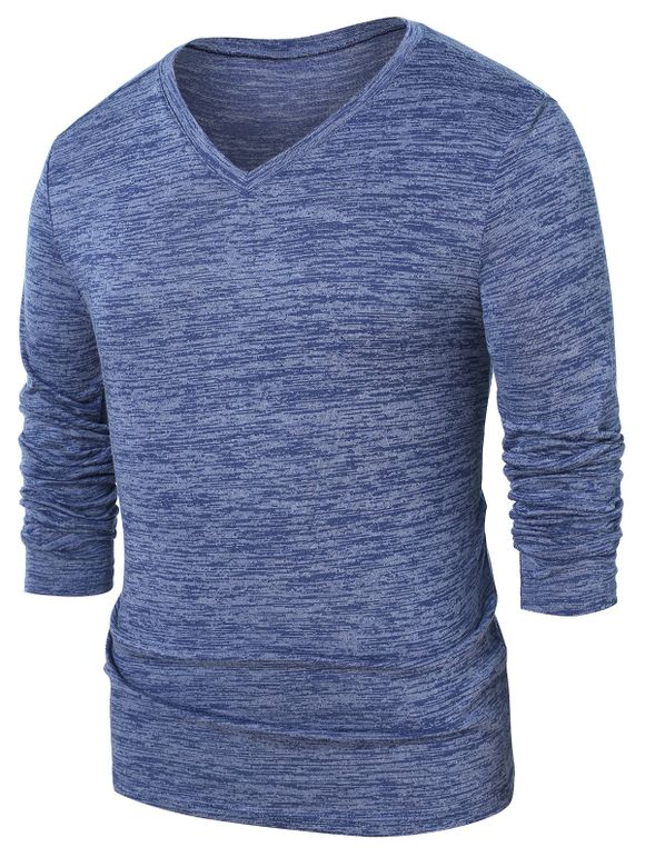 T-shirt Teinté Manches Longues à Col V - Bleu Ardoise Léger L