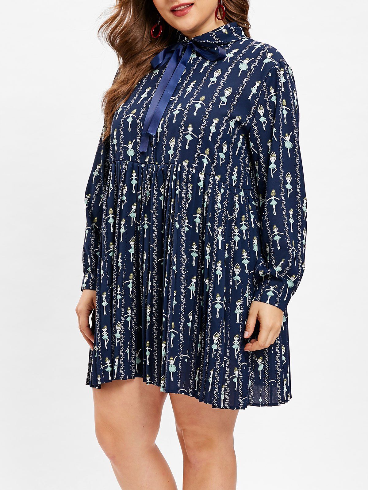 Plus Size Half Button Printed Shirt Dress - BLUE 1X