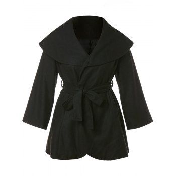 

Plus Size Turn Down Collar Belted Coat, Black