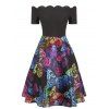 Butterfly Print Off The Shoulder A Line Dress - multicolor S