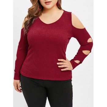 

Plus Size Cold Shoulder High Low Knitwear, Red wine