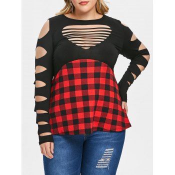 

Plus Size Plaid Panel Lattice Cutout Tee, Black