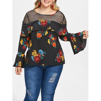 

Plus Size Fishnet Panel Floral Blouse with Flounce, Black