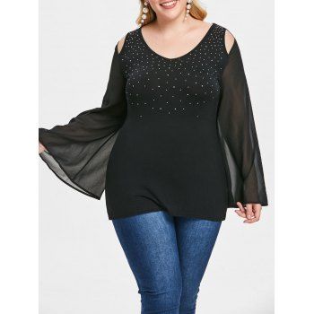 

Plus Size Flare Sleeve Rhinestone T-shirt, Black