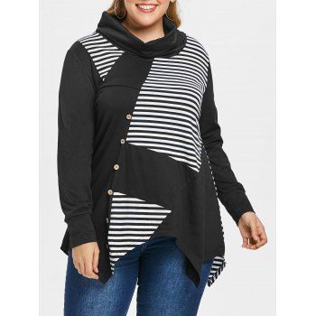 

Plus Size Stripe Pattern Splicing Handkerchief T-shirt, Black
