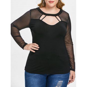 

Plus Size Solid Color Sheer Mesh Sleeve Cut Out T-shirt, Black