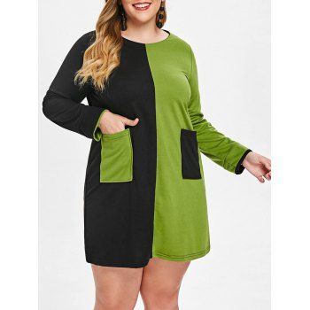 

Front Pocket Plus Size Two Tone Dress, Green apple
