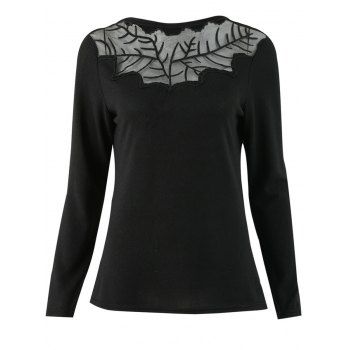 

Sheer Mesh Insert Embroidery T Shirt, Black