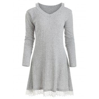 

Ribbed Lace Insert V Neck Mini Dress, Light gray