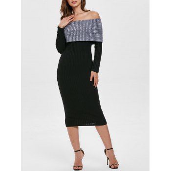 

Contrast Knitted Off Shoulder Long Dress, Black