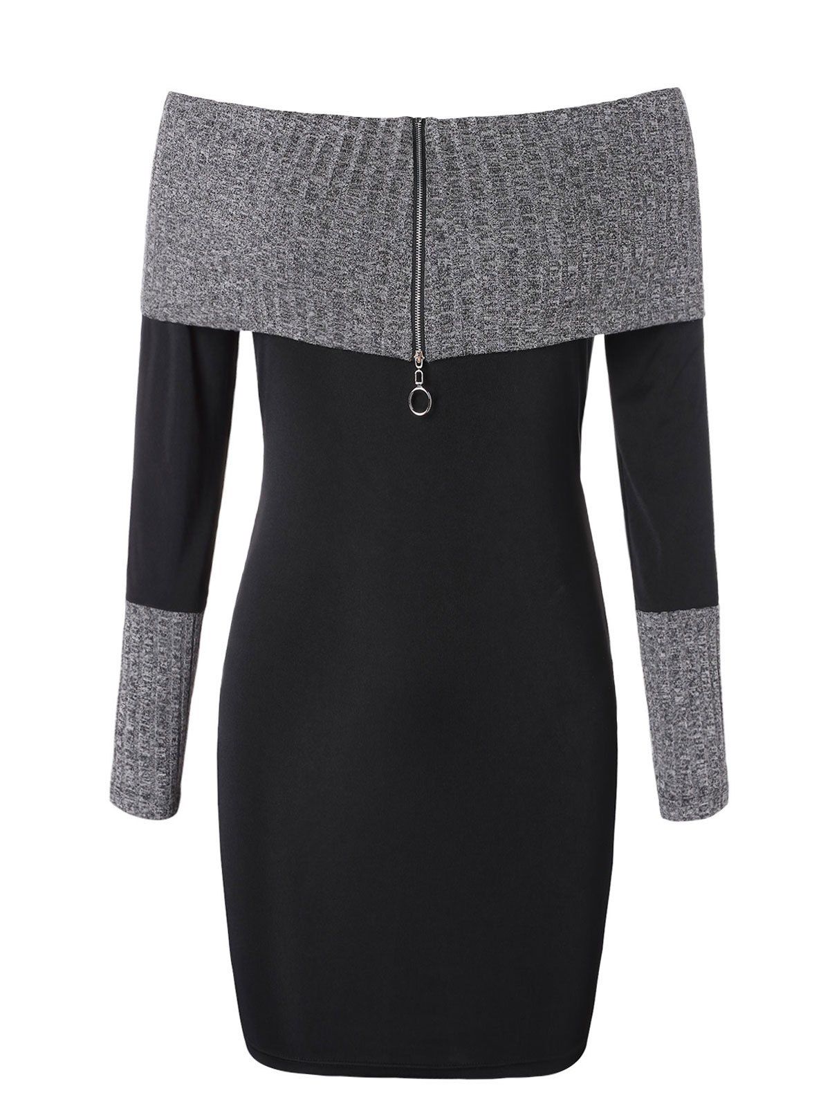 

Plus Size Knitted Insert Zip Off Shoulder Dress, Black