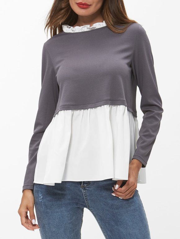 T-shirt Péplum Bicolore à Volants - Gris Foncé M