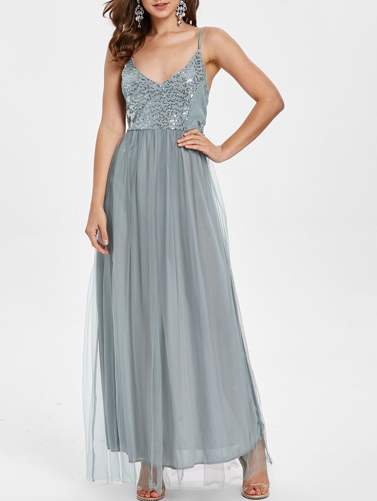 [41% OFF] 2022 Spaghetti Strap Sequins Mesh Prom Dress In BABY BLUE ...