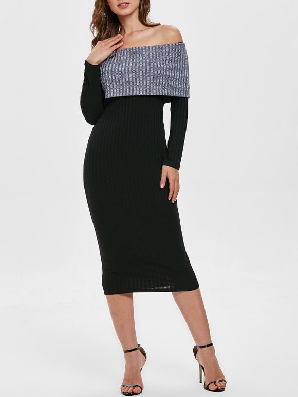 Contrast Knitted Off Shoulder Long Dress - BLACK XL