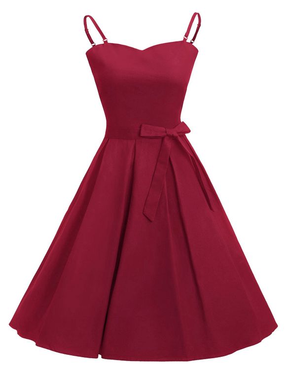 Spaghetti Strap Belted Rockabilly Style Vintage Dress - RED WINE L