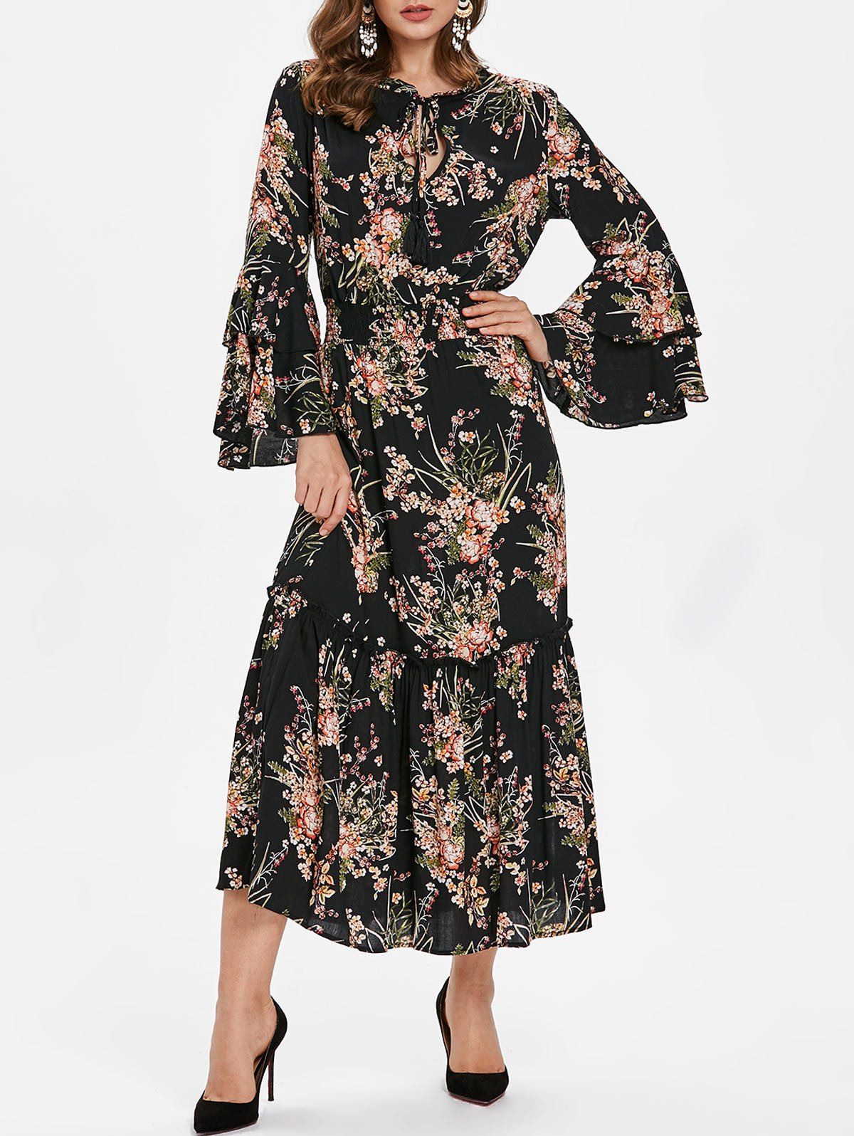 

Flare Sleeve Tiny Floral Print Long Dress, Black