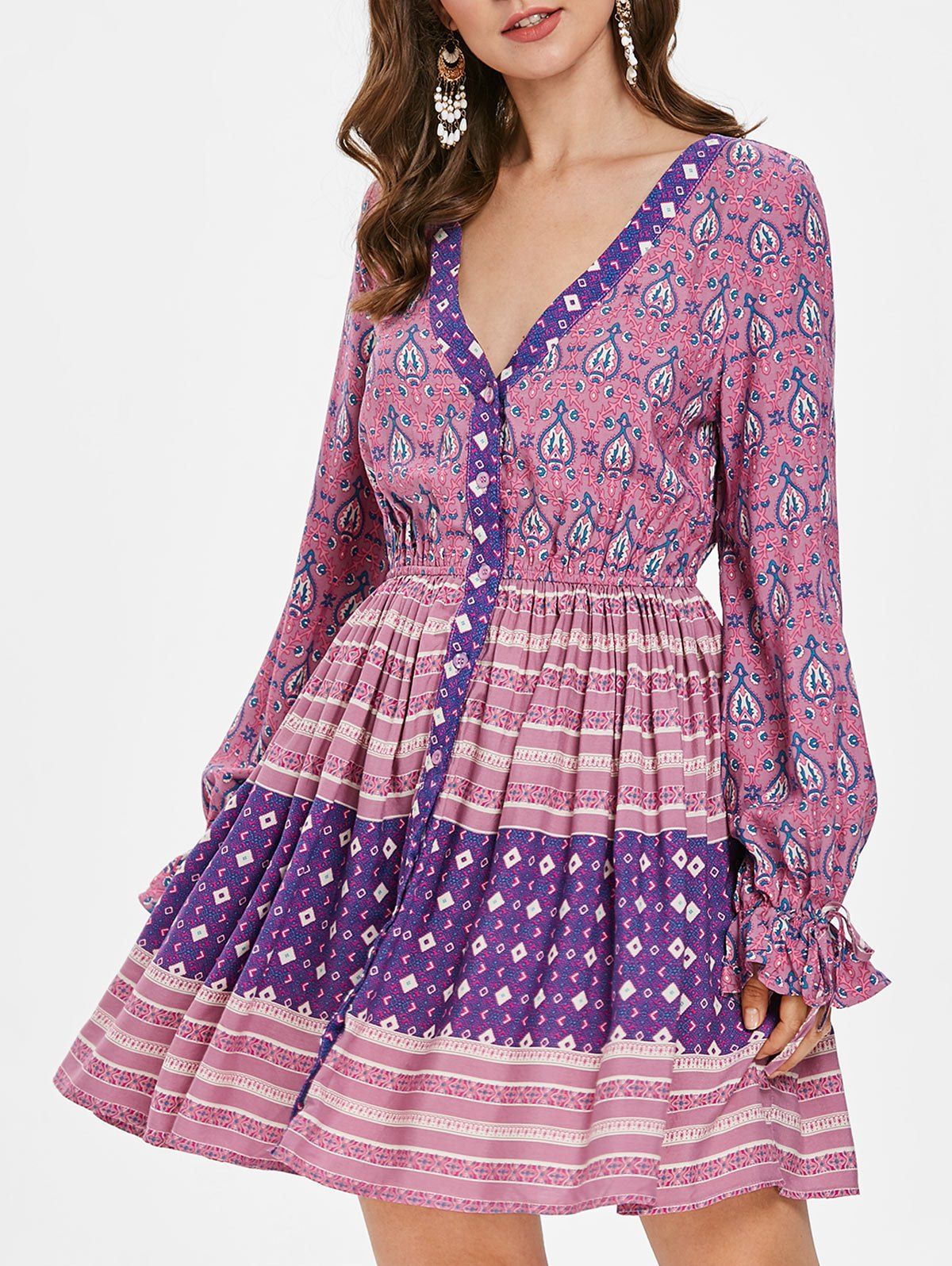 Ethnic Print Buttoned Tunic Dress - multicolor M
