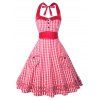 Halter Vintage Plaid Print Dress - RED M
