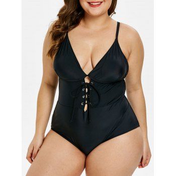 

Plus Size Lace Up Padded One-piece Swimsuit, Black
