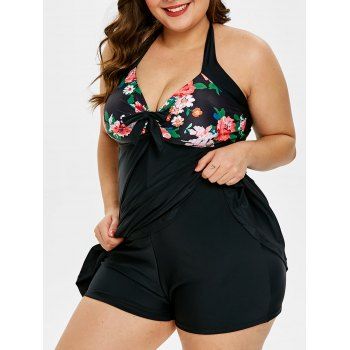 

Plus Size Floral Print Padded Swimsuit, Black