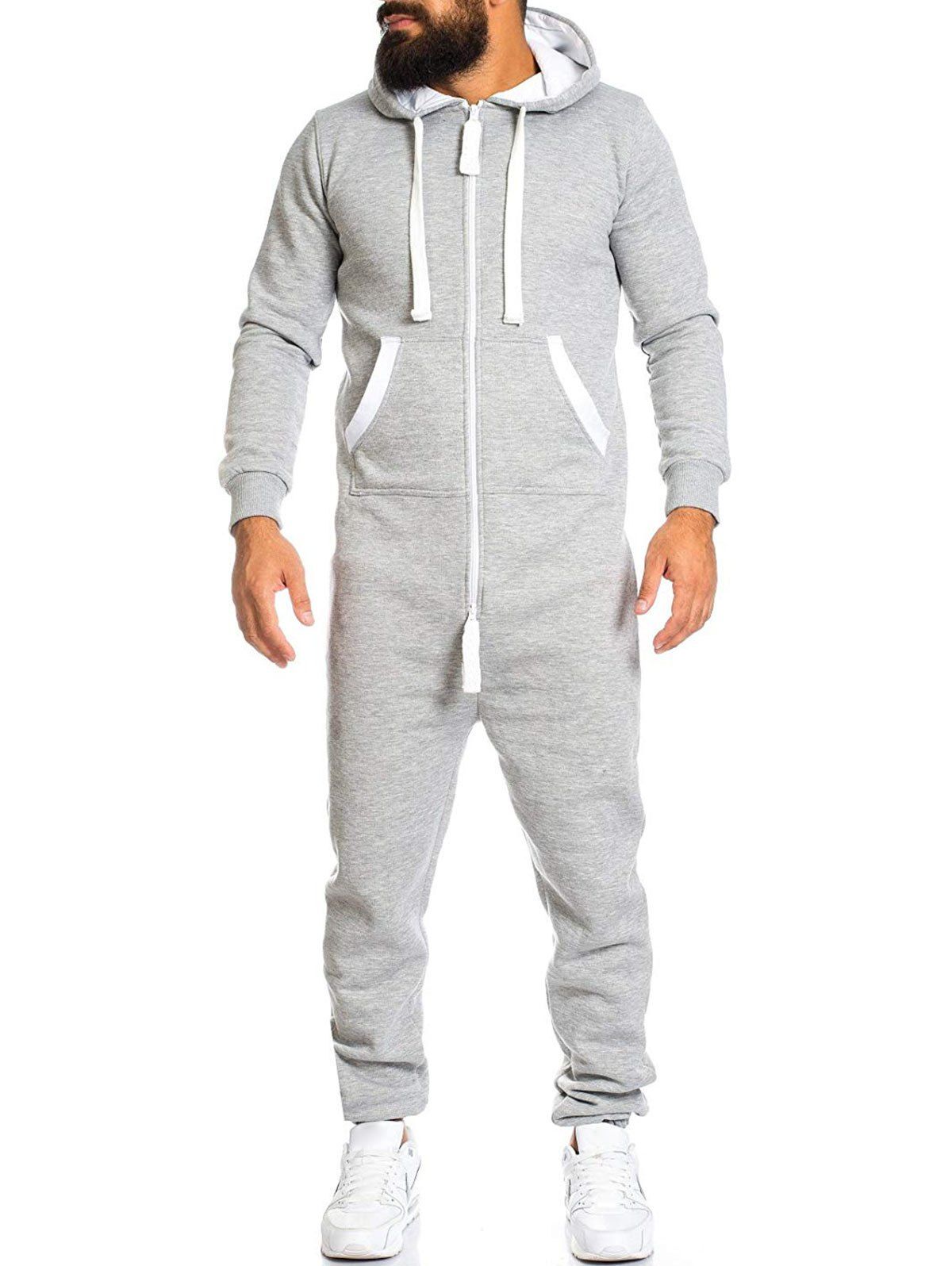

Contrast Zipper Pouch Pocket Fleece Jumpsuit, Light gray
