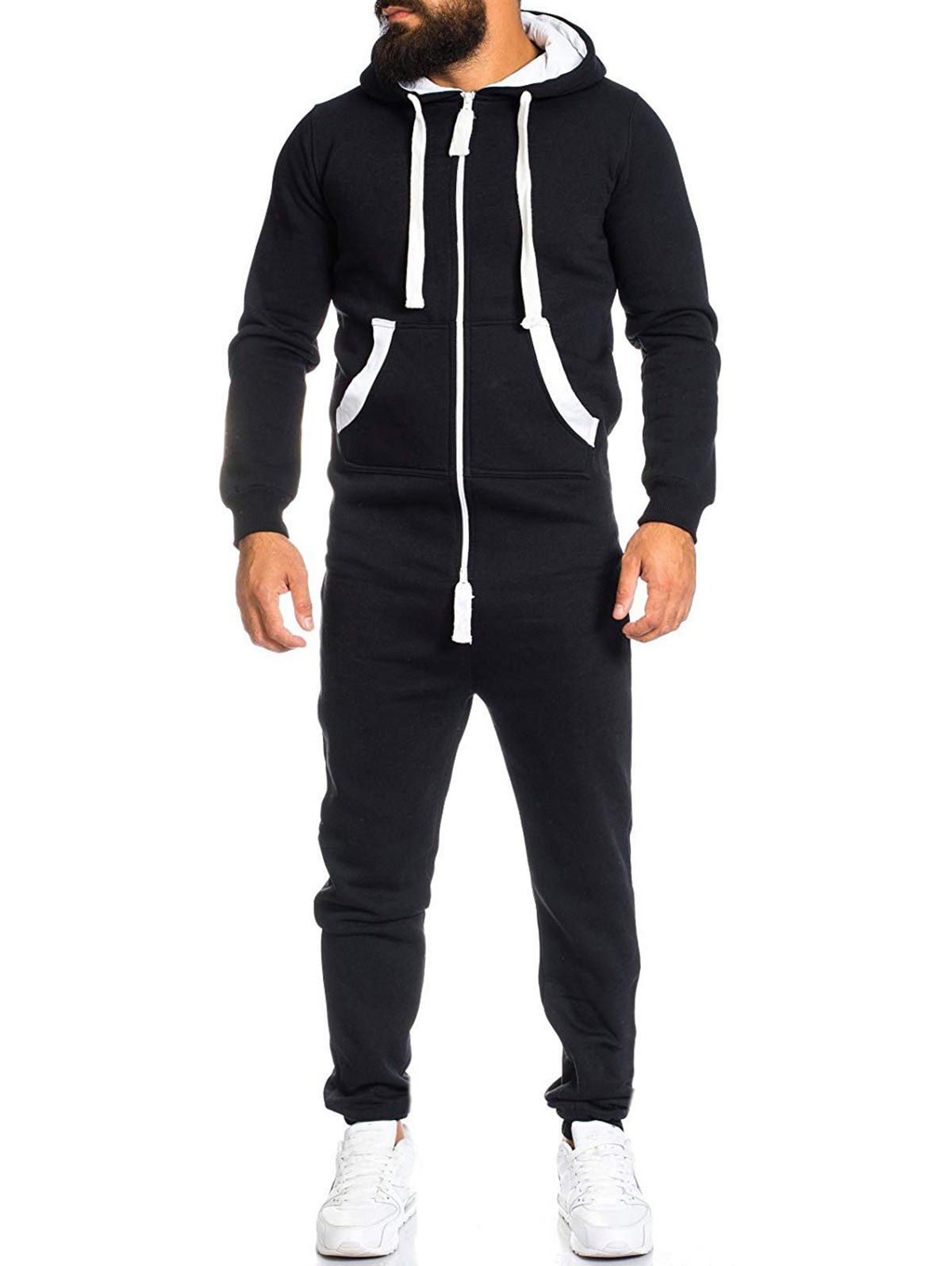 

Contrast Zipper Pouch Pocket Fleece Jumpsuit, Black
