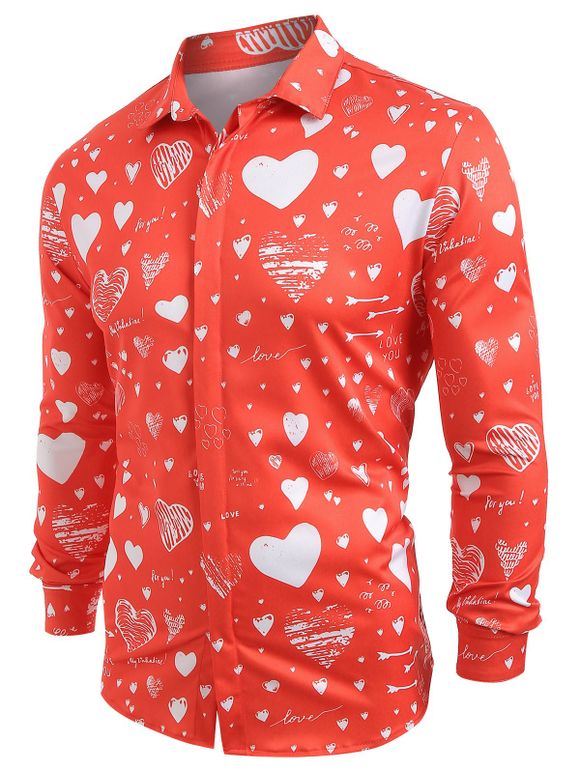 Chemise Cœur Lettre Imprimée avec Bouton Caché - Rouge Lave 2XL
