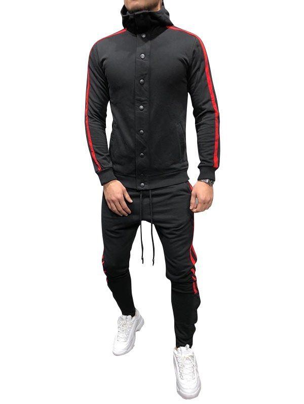 

Side Stripe Snap Button Hoodie Jogger Pants Suit, Black